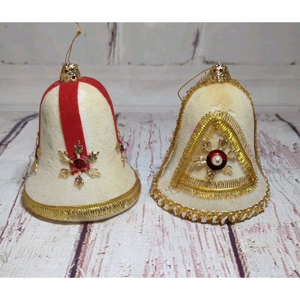 Vintage White Flocked Bell Christmas Ornaments‎ Ribbons Gold Trim 2-1/2" Set 2